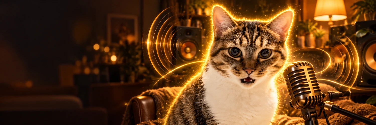 A golden glowing tabby cat meowing into a vintage radio microphone