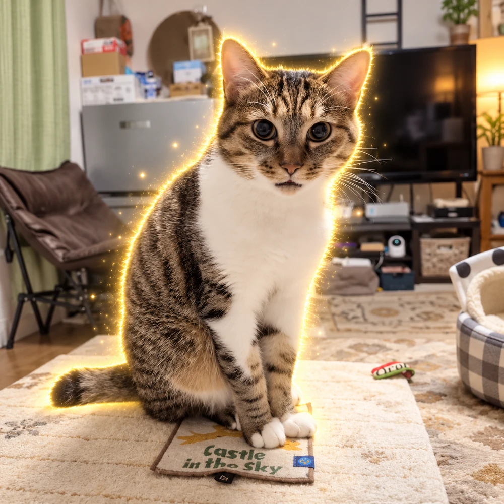 The original tabby and white cat with its golden glow