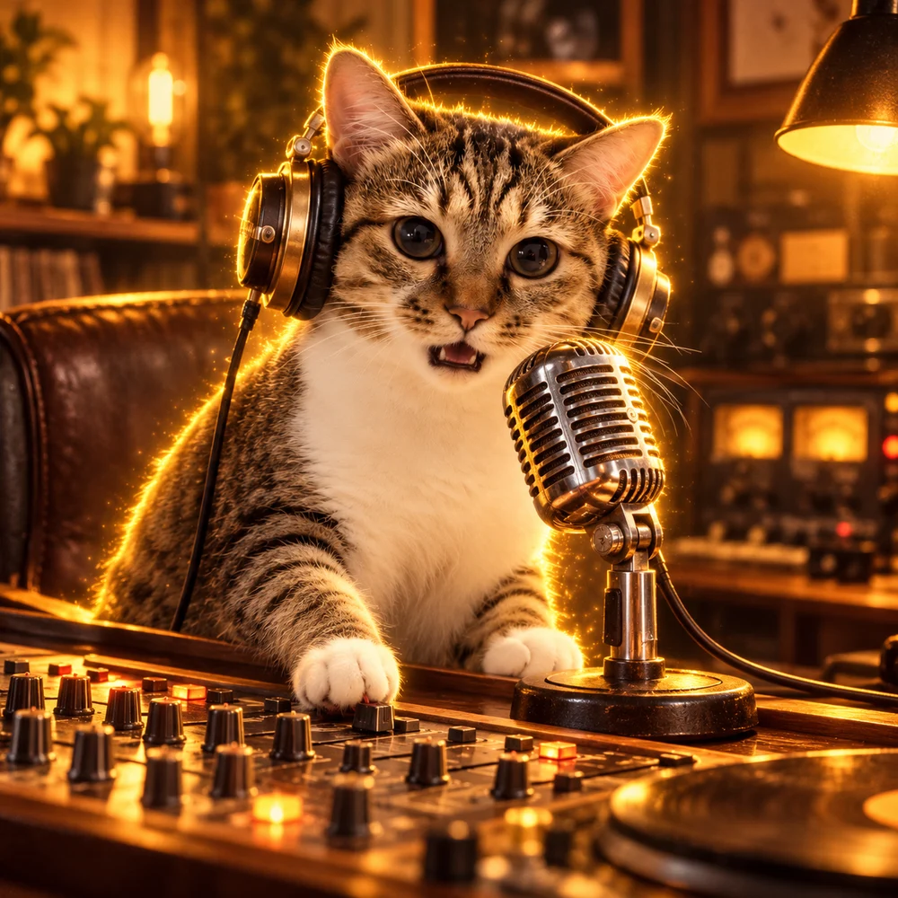 Cat wearing headphones at a radio desk